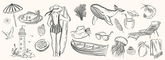 Whimsical ink illustrations capturing Italian summer on Amalfi coast. Sea-themed line art for beach party invites, wedding stationery, picnic menus, and travel-inspired design projects.