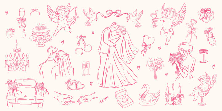 Hand drawn whimsical wedding and love doodles. Cupids, gifts, bride and groom, doves, swans, rings for bridal stationery, party prints. Romantic pink sketch style.