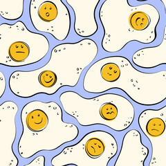 Fried eggs seamless pattern. Trendy print of Cartoon egg with yellow yolk, abstract breakfast food with smiles for wrapping paper, wallpaper, fabric. Vector texture