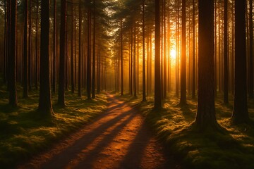 Naklejka premium Pine Forest Trail Bathed in Sunset Light