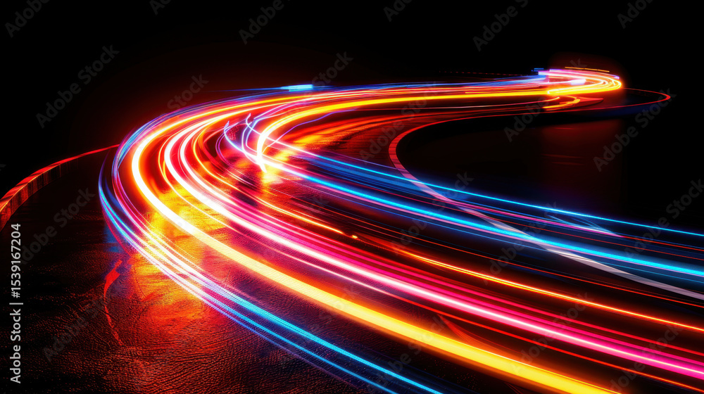 Poster vibrant light trails create dynamic and colorful scene, showcasing futuristic corridor of glowing li