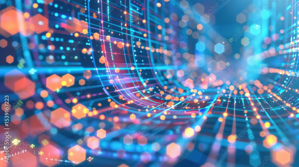 Poster futuristic holographic lines create vibrant corridor filled with colorful lights and patterns, evoki