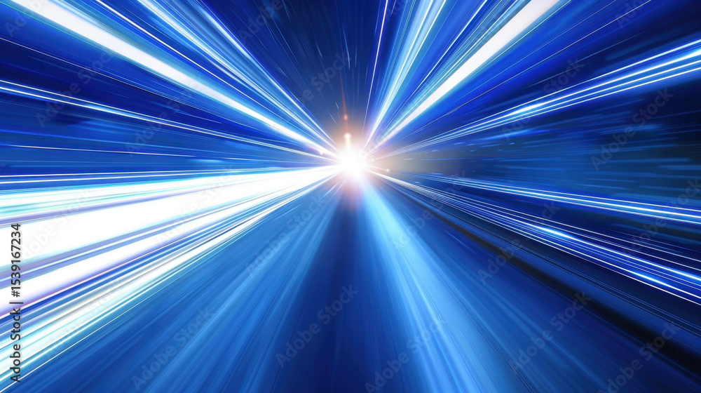 Poster dynamic burst of light with vibrant blue rays creating sense of speed and motion, evoking excitement