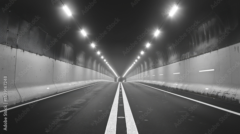 Poster dark tunnel with bright lights illuminating path ahead, creating sense of depth and mystery. smooth 