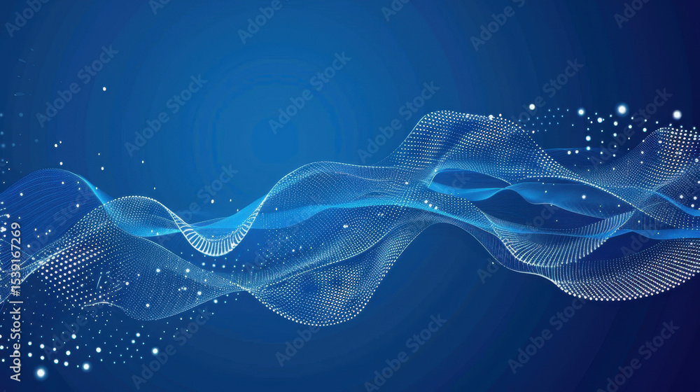 Poster digital wave patterns create mesmerizing visual effect with flowing lines and glowing dots on blue b