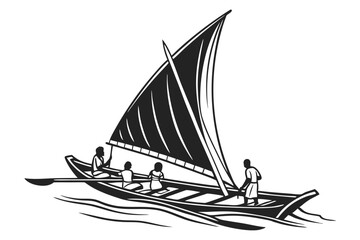Monochromatic Illustration of a Traditional Sailboat with People Navigating Through Water in an Artistic Black and White Rendering