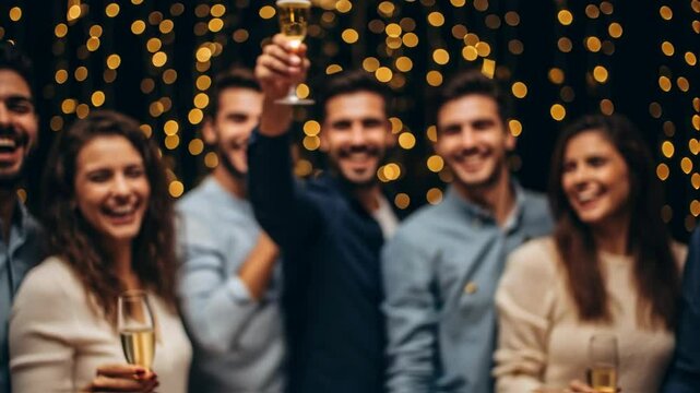 Group of friends celebrating New Years Eve with champagne glasses raised, surrounded by golden confetti and festive atmosphere, capturing joyful moments of togetherness and celebration