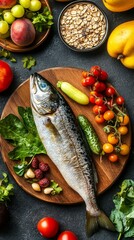Fresh ingredients showcase a wooden platter featuring a silver fish surrounded by a vibrant assortment of fruits and vegetables, ideal for healthy meal preparation.