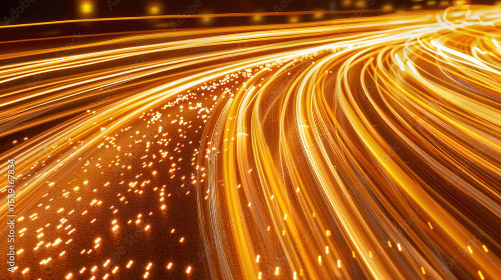 Poster dynamic light trails create mesmerizing visual effect, showcasing vibrant orange and yellow hues in 