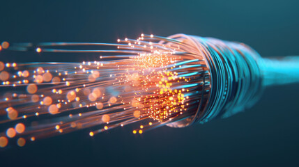 Fiber optic cables emitting vibrant light streaks create mesmerizing visual effect, showcasing technology and innovation
