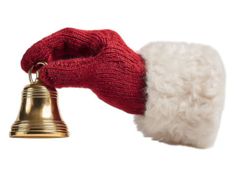 A red knitted santa glove holding a shiny golden christmas bell against a white or transparent background closeup view