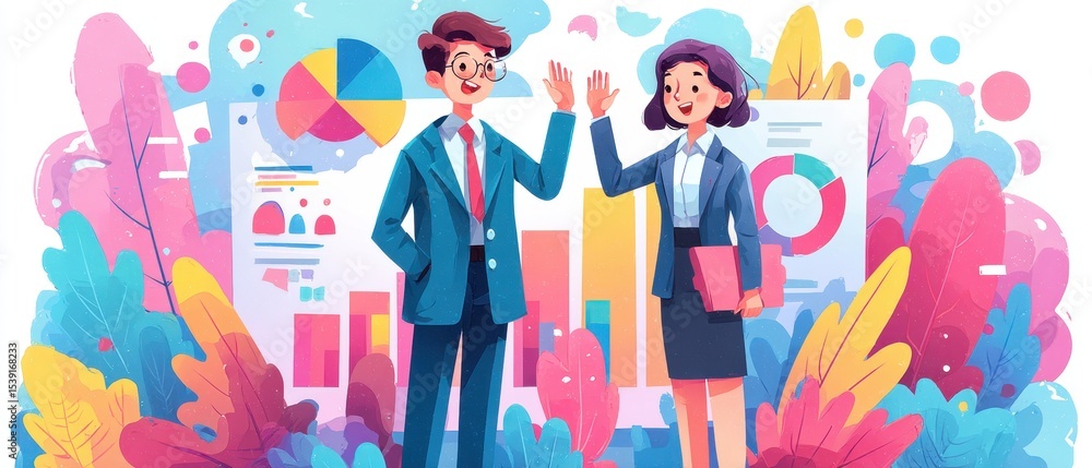 Poster innovation technology vibrant illustration of two professionals engaging with graphs and data in a c