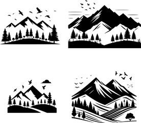Fototapeta premium set of minimal black and white mountain silhouette with trees and birds, bold lines, ideal for outdoor design.