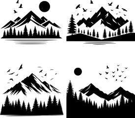 set of minimal black and white mountain silhouette with trees and birds, bold lines, ideal for outdoor design.