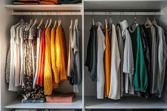 Front view of sleek open wardrobe with tidy collection of clothes, representing simplicity, order and modern living