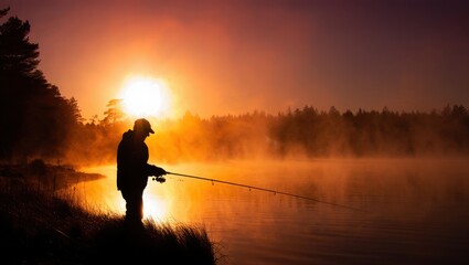 Silhouette of a man fishing at sunrise on a foggy lake