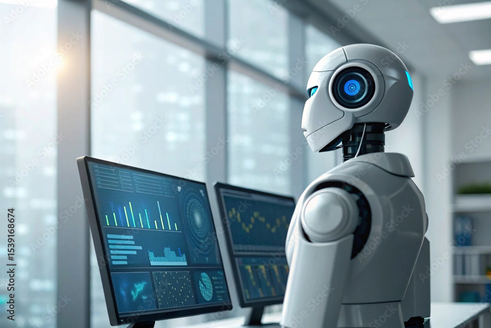 Poster futuristic robot analyst monitoring data on computer screens in modern office
