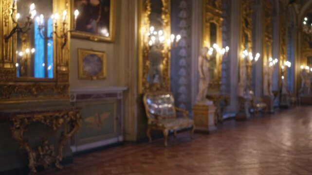 Luxurious indoor scene at galleria doria pamphilj with ornate gold decor, elegant statues, and dim candle-like lights creating a warm, inviting atmosphere, showcasing rich italian heritage.