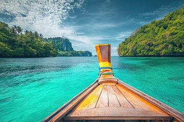 Scenic close-up of Thai boat on crystal clear water under bright natural daylight, with tropical paradise landscape behind. Great for travel guides and beach promotions