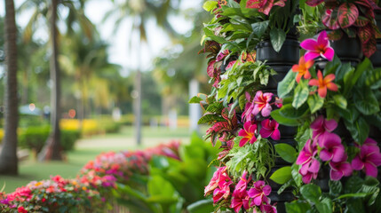 Vibrant vertical garden with colorful flowers in lush outdoor setting, showcasing nature beauty and tranquility