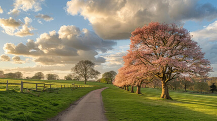 Fototapeta premium Picturesque landscape featuring spring blossom trees in full bloom along grassy path, under beautiful sky filled with clouds