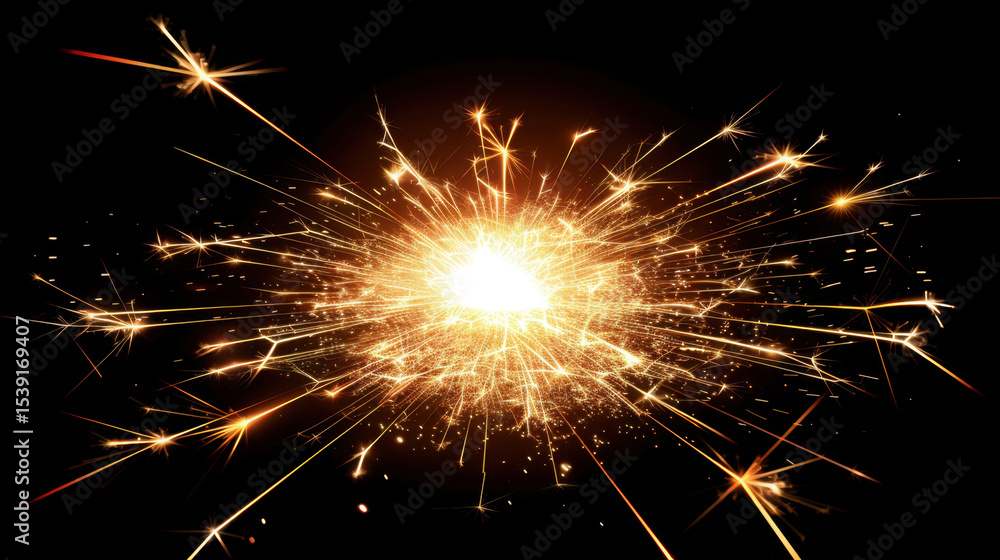 Poster bright golden spark trails burst into dazzling display, fading into darkness, creating mesmerizing v