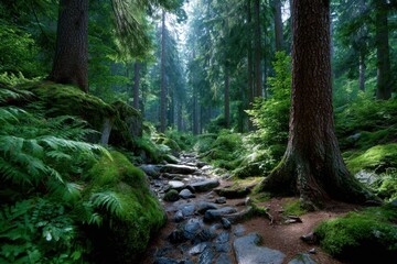 Obraz premium Serene forest scene with a rocky stream flowing through lush greenery in early morning light