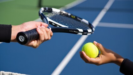 A tennis coach hands a ball to a student on a blue court