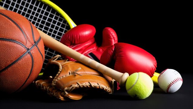 Various sports equipment including a basketball, baseball bat, boxing gloves, and tennis ball