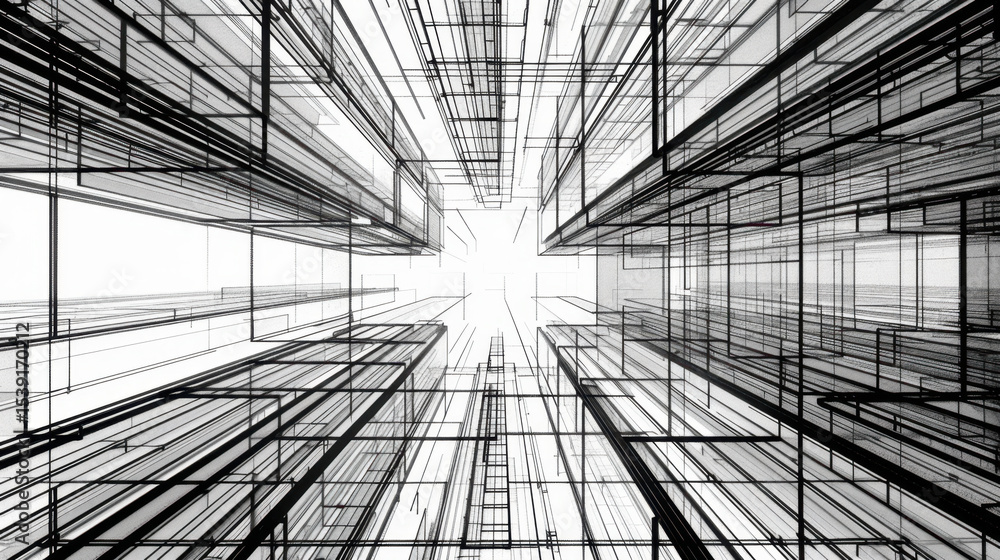 Poster abstract wireframe cityscape design with layered structures and geometric lines creating sense of de