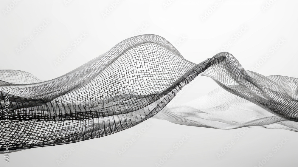 Poster flowing wave grid pattern in monochromatic design creates sense of depth and movement, evoking moder
