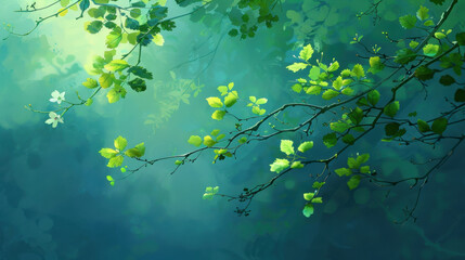 Fresh leaves in temperate forest create serene atmosphere, showcasing vibrant greens and soft light filtering through branches