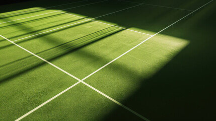 Fresh green tennis court with bright white lines and soft shadows creating serene atmosphere for play