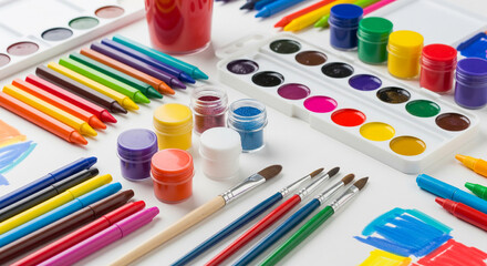 Colorful crayons, markers, paint, and brushes on white background, showcasing art supplies for creativity and children's activities