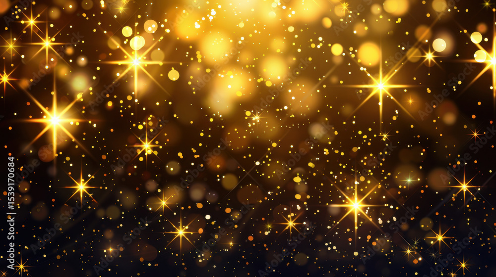 Poster golden sparkling lights create magical atmosphere with shimmering stars and glowing particles in dar