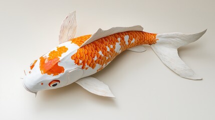 A vibrant papier-mâché koi fish in orange and white, showcasing intricate detailing and a lifelike appearance.