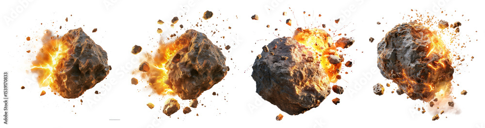 Poster png exploding fiery meteor rocks sequence, element set on transparent background