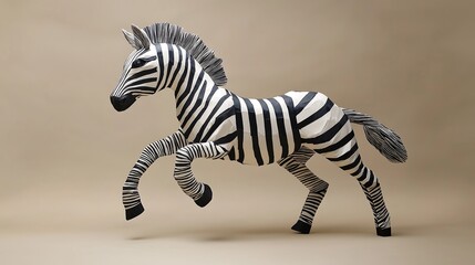 A striking zebra sculpture crafted from papier-mâché, showcasing dynamic movement and bold black and white stripes.