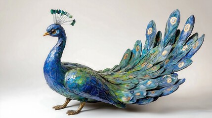 Fototapeta premium A stunning blue peacock sculpture with intricate feather details, showcasing vibrant colors and elegant design.