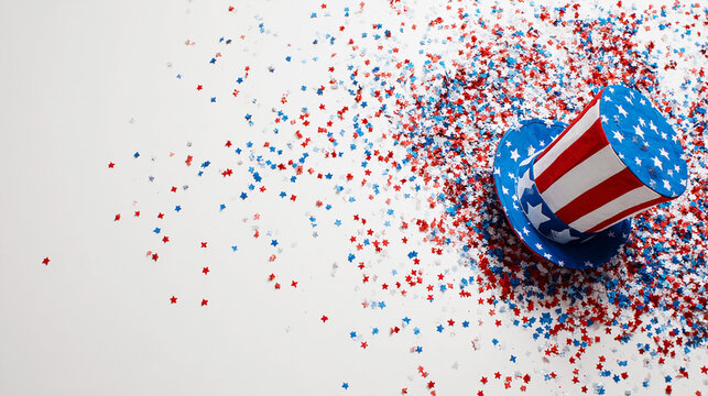 USA Patriotic Hat Surrounded by Star Confetti – Independence Day Festive Flatlay - Powered by Adobe