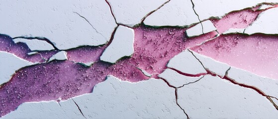 Semiprecious stone slab with pink crystalline texture and sharp cracking lines