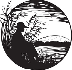 A peaceful, black and white silhouette of a fisherman seated by a lake at twilight.