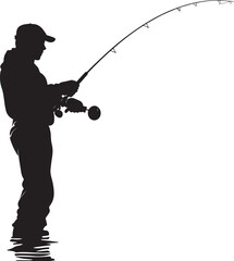 A stylized silhouette of a person fishing, casting a rod against a plain white background.