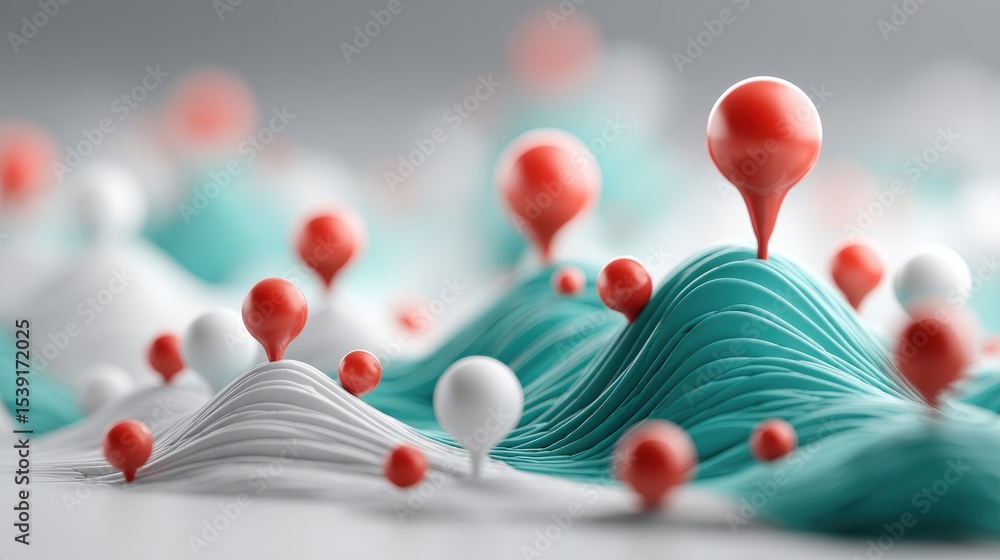 Poster networking collaboration colorful abstract waves with red and white spheres rising above turquoise f