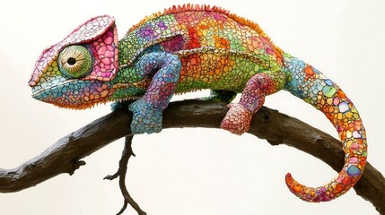 Fototapeta premium A colorful chameleon sculpture perched on a branch, showcasing vibrant hues and intricate textures.