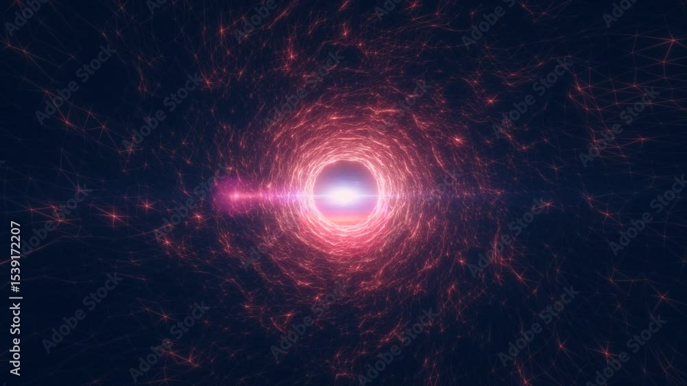 Poster bright red and pink digital vortex with wireframe and energy lines converging at a glowing center wi
