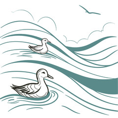 Fototapeta premium Two Ducks Swimming on Teal Wavy Ocean Waves with a Bird Flying Above water