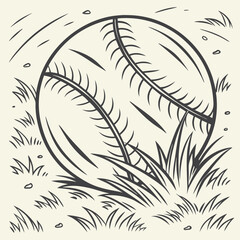 Obraz premium Baseball in Grass Black and White Line Art Graphic Design Illustration vector