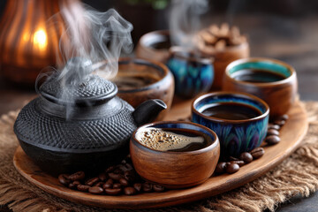 Fototapeta premium Traditional coffee ceremony with steaming cups and a teapot on a wooden tray