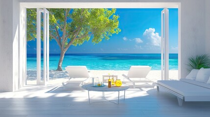 Coastal beach house interior with panoramic ocean views.